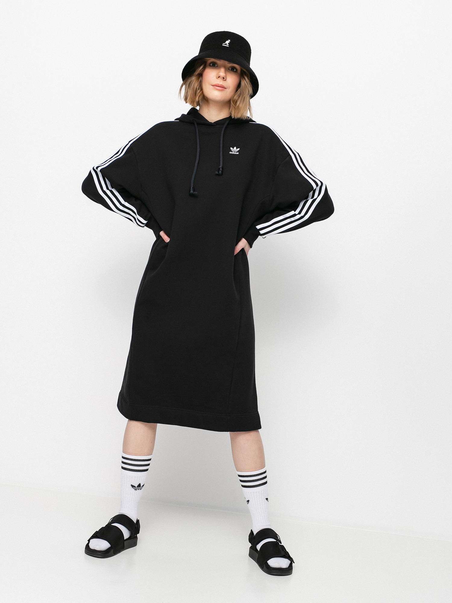 Adidas originals black three stripe hoodie maxi dress sale