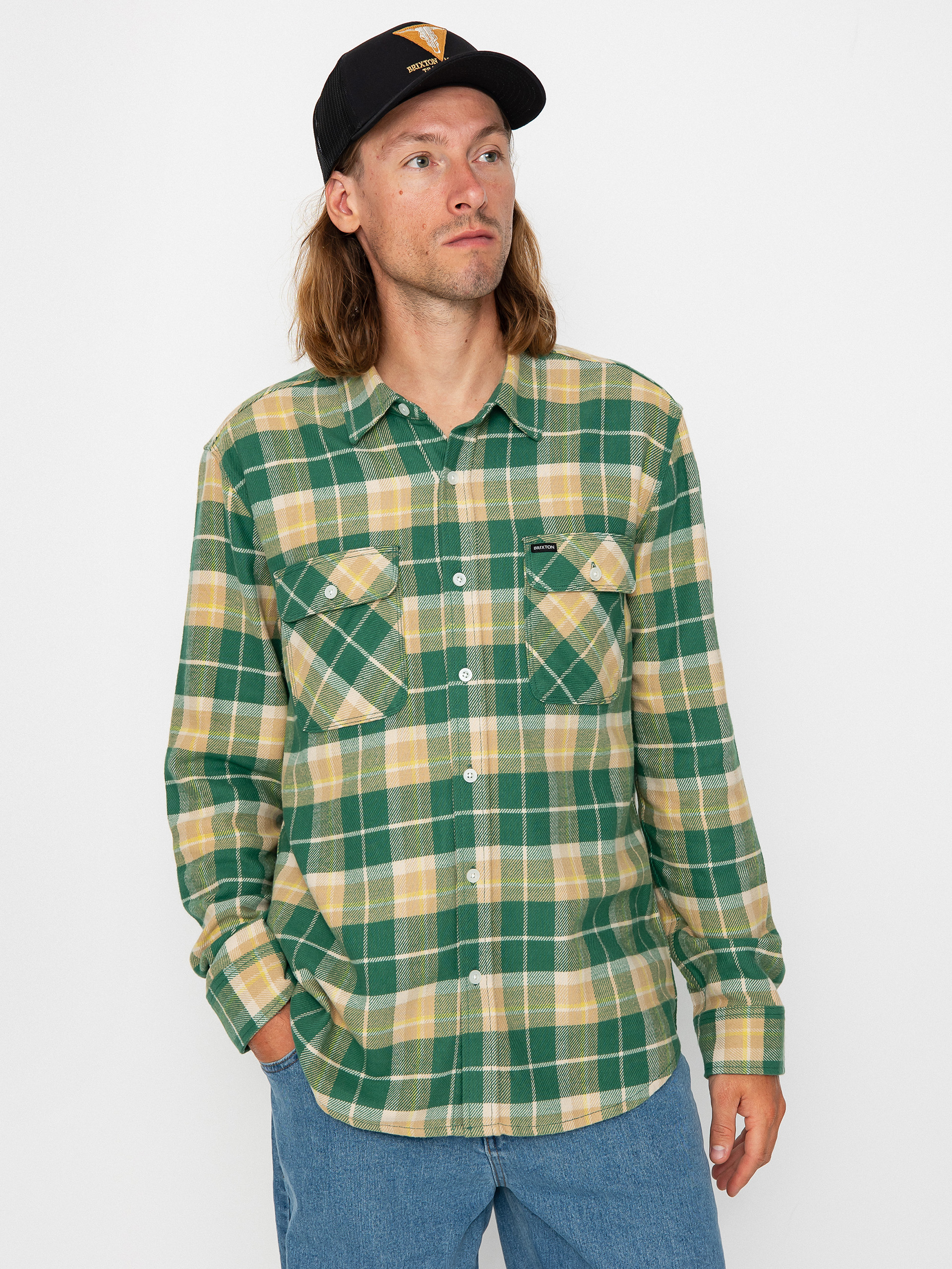 Košile Brixton Bowery Flannel Ls (washed pine needle/washed gold)