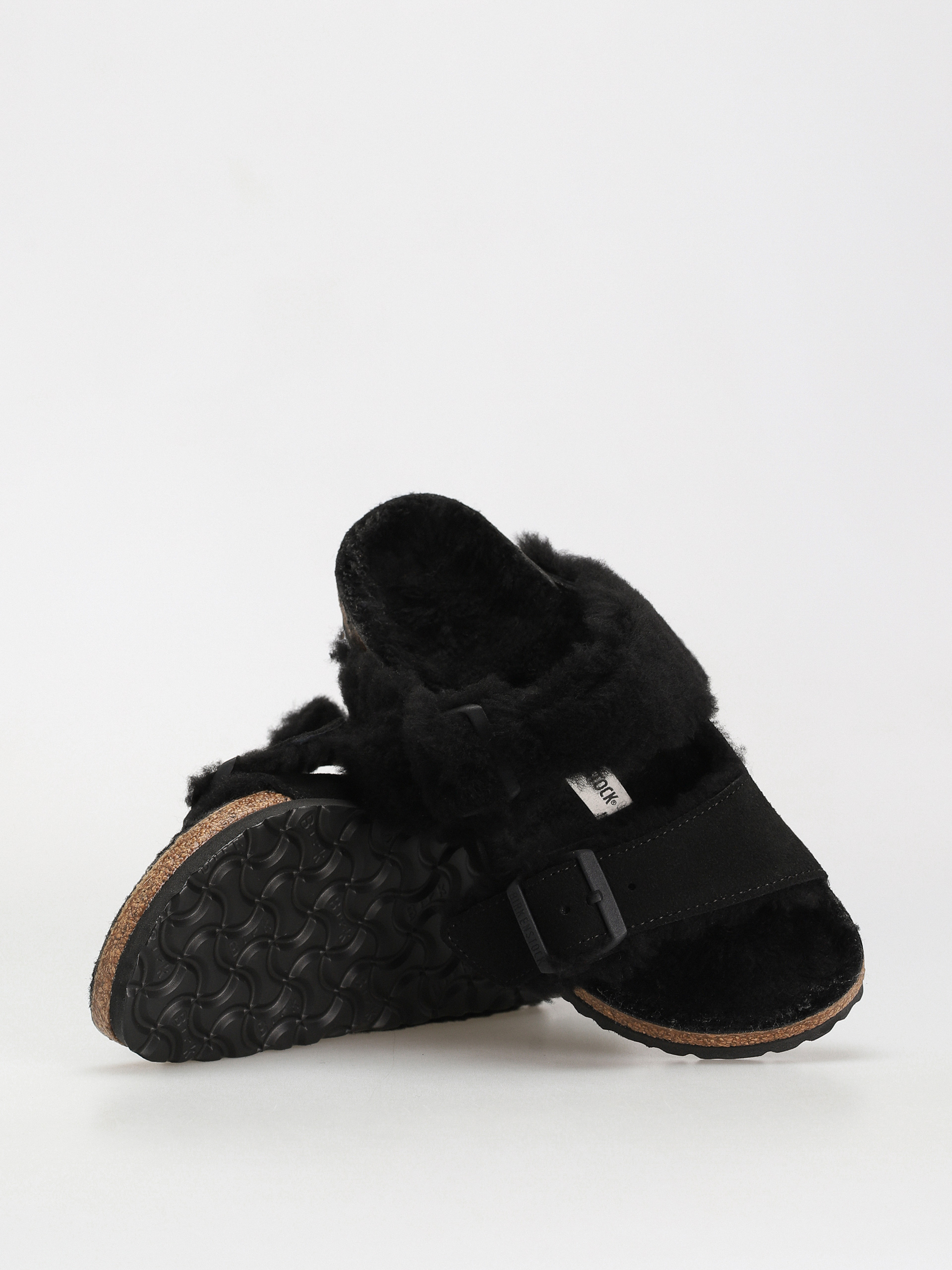 Plážovky Birkenstock Arizona Split Teddy Parts Rivet Logo Suede Leather/Fur Narrow Wmn (black)