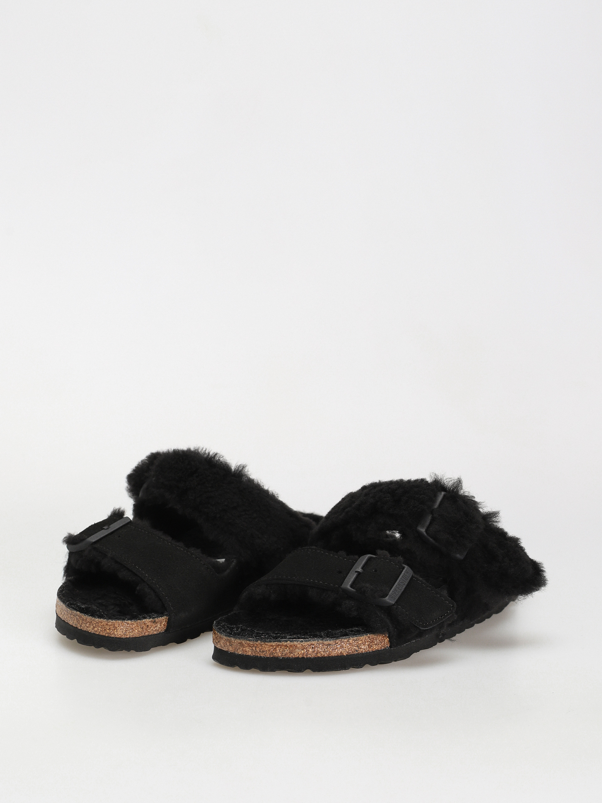 Plážovky Birkenstock Arizona Split Teddy Parts Rivet Logo Suede Leather/Fur Narrow Wmn (black)