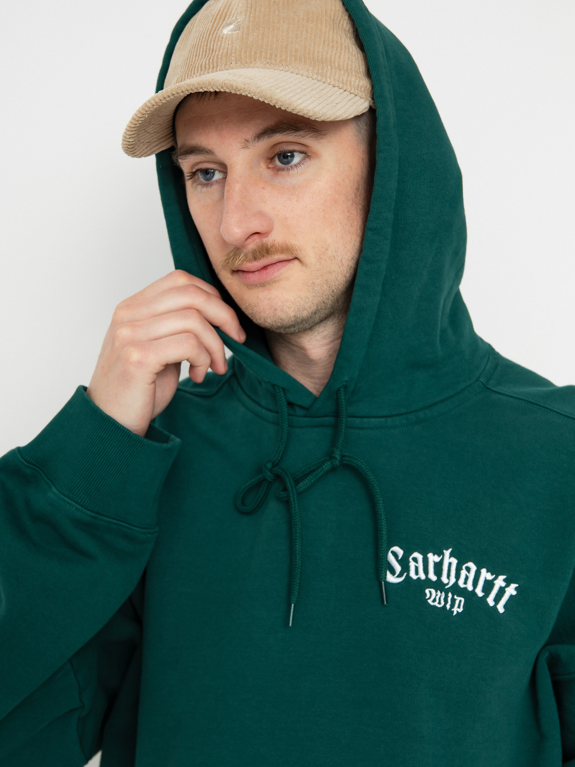 Mikina s kapucí Carhartt WIP Onyx Script HD (chervil/white)