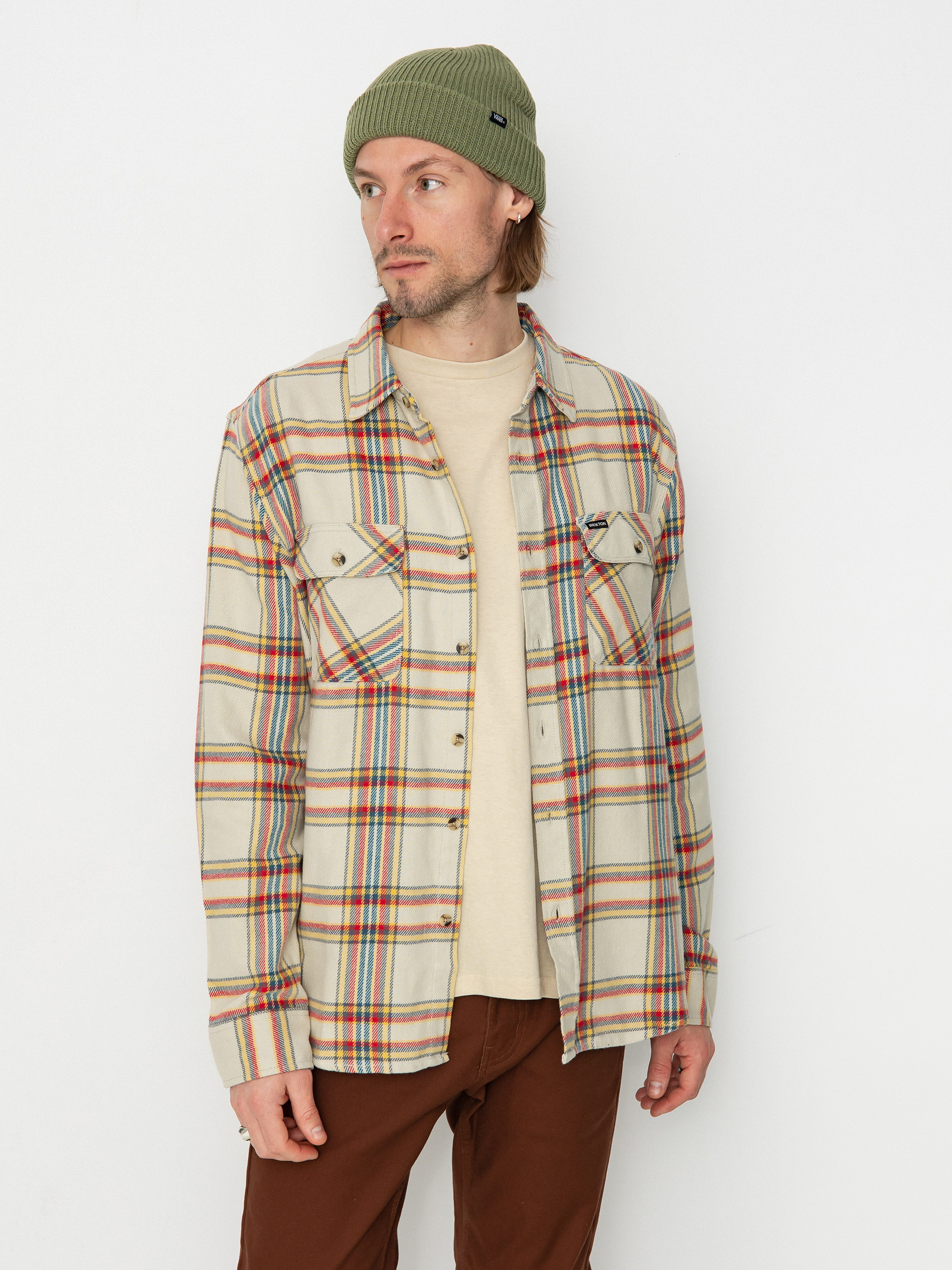 Košile Brixton Bowery Flannel Ls (white smoke/yellow/casa red)