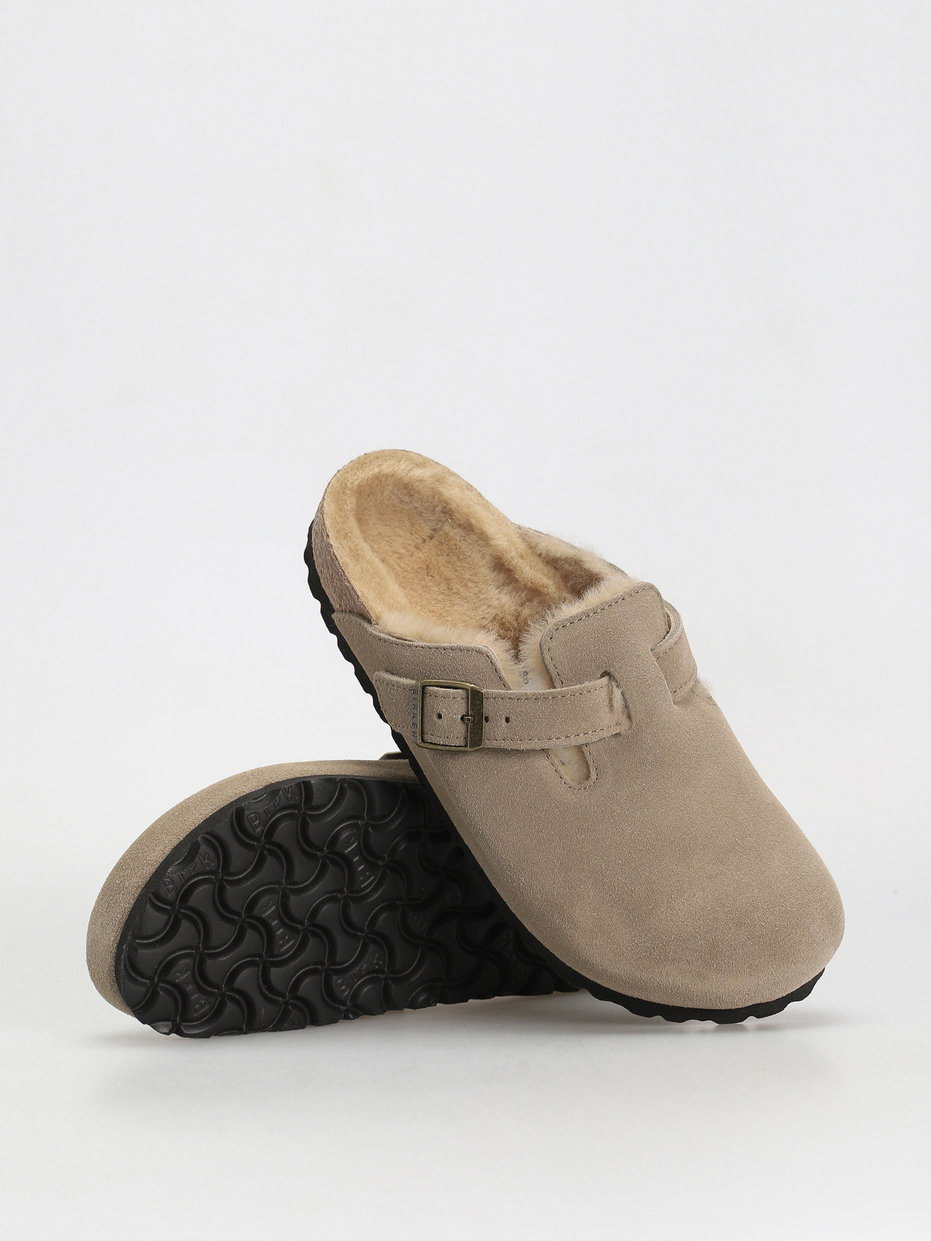 Plážovky Birkenstock Boston Shearling Suede Leather Fur Narrow Wmn (taupe)