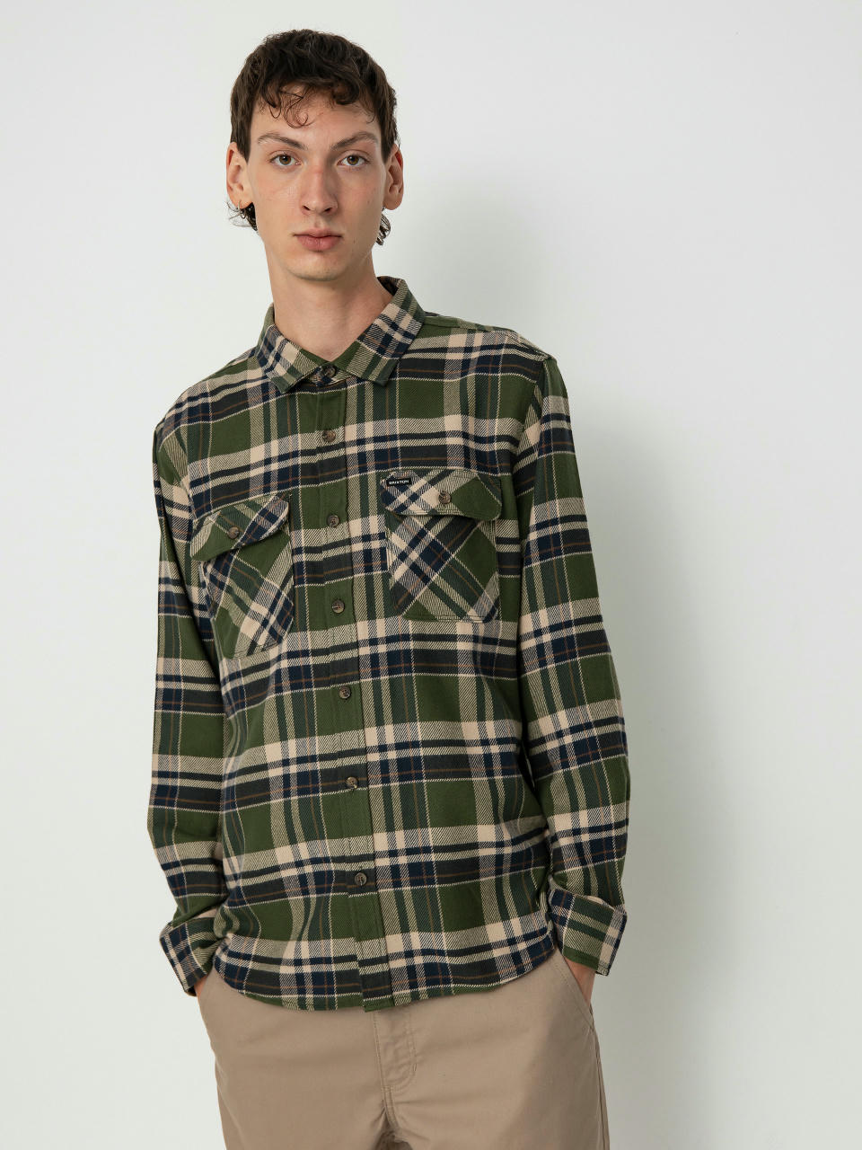 Košile Brixton Bowery Flannel Ls (cypress green/washed navy/whit)