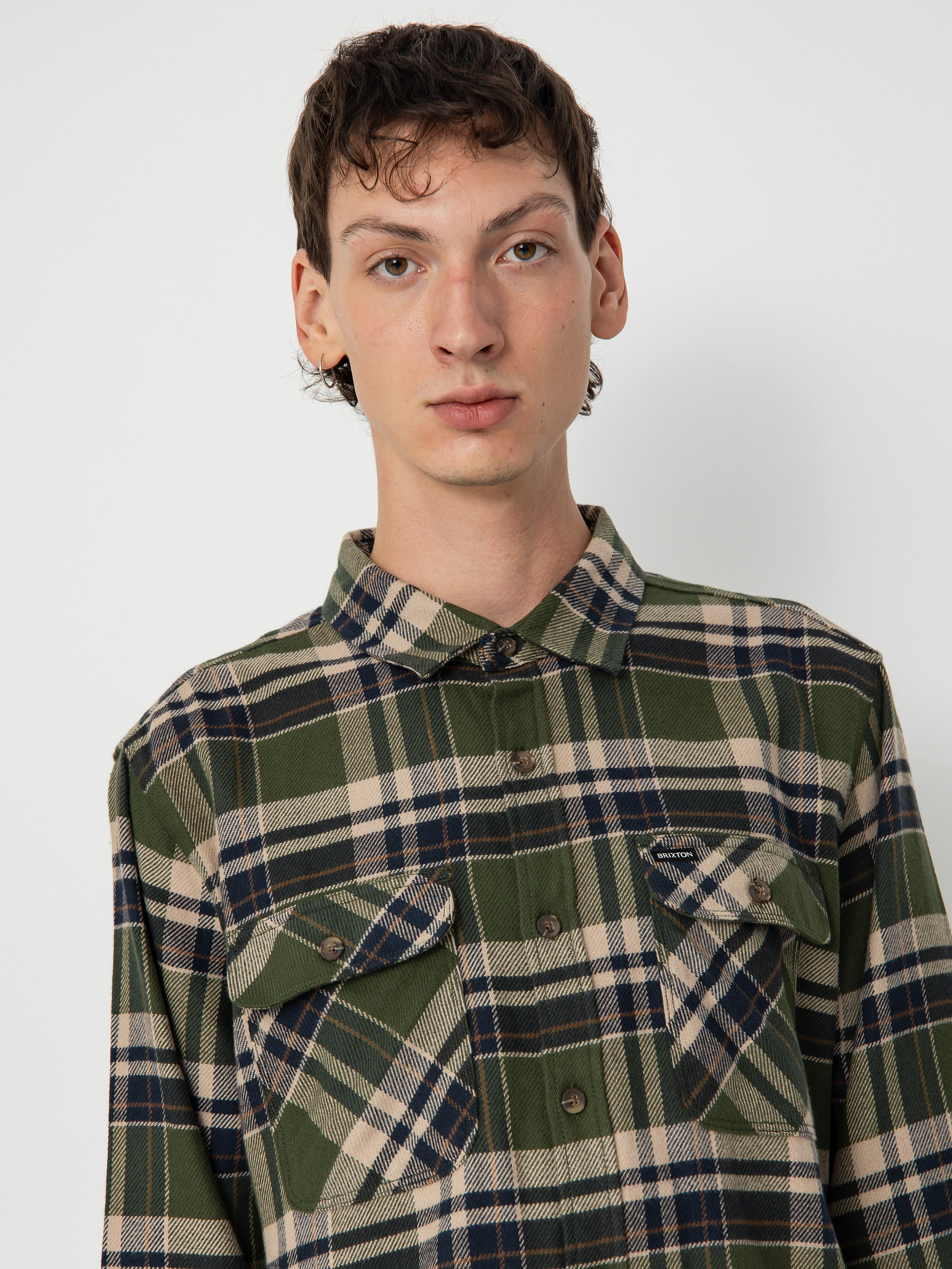Košile Brixton Bowery Flannel Ls (cypress green/washed navy/whit)