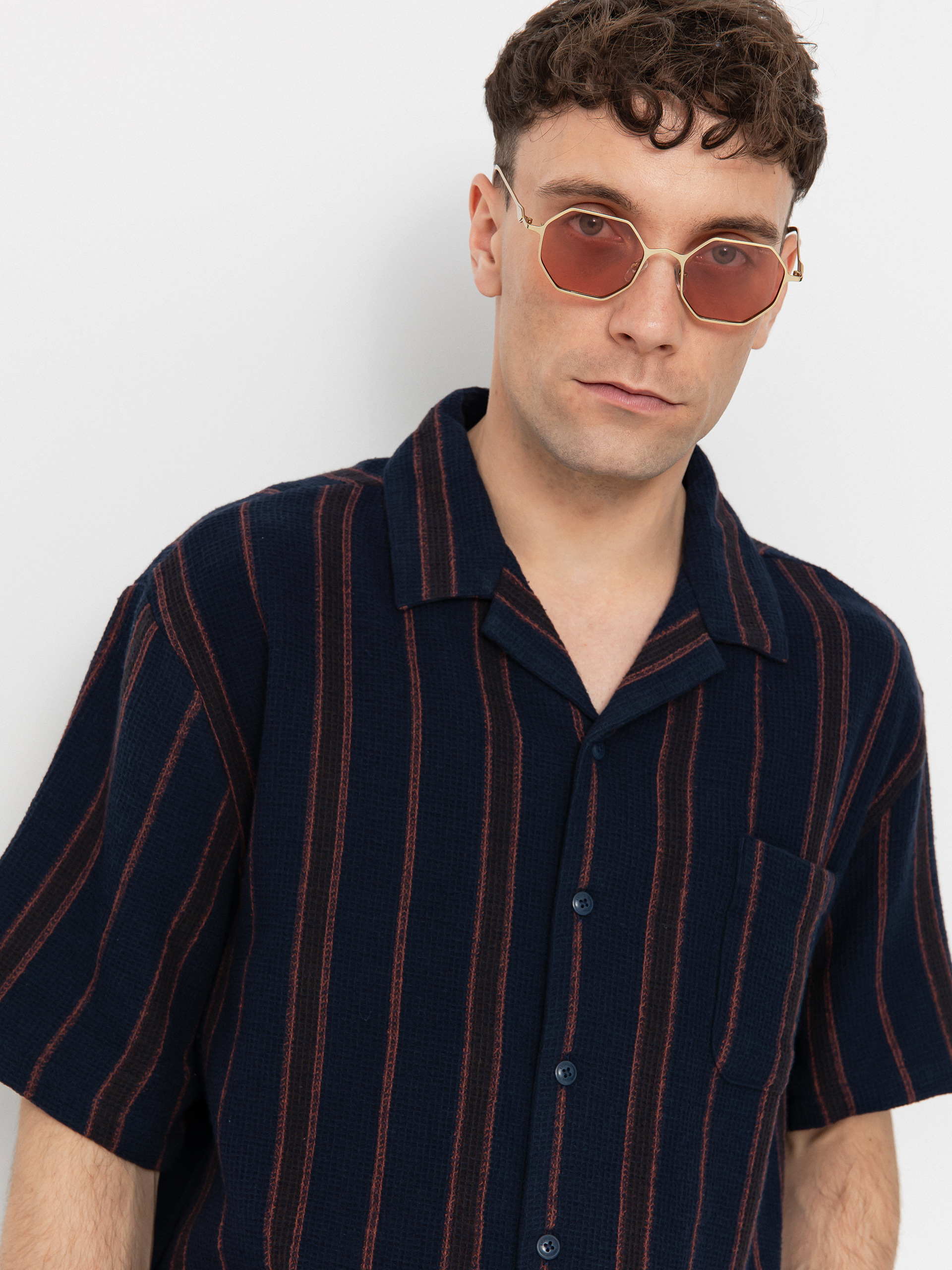 Košile Brixton Bunker Waffle Stripe (washed navy stripe)