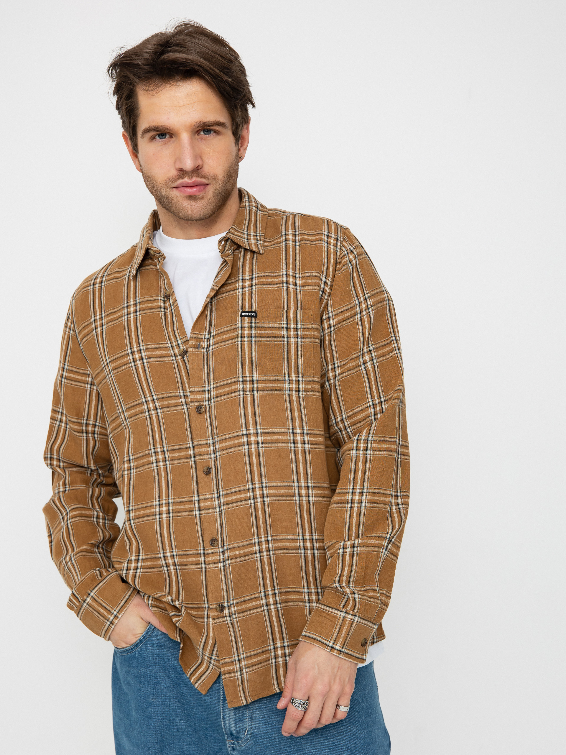 Košile Brixton Charter Linen Blend Ls (washed cooper/whitecap plaid)