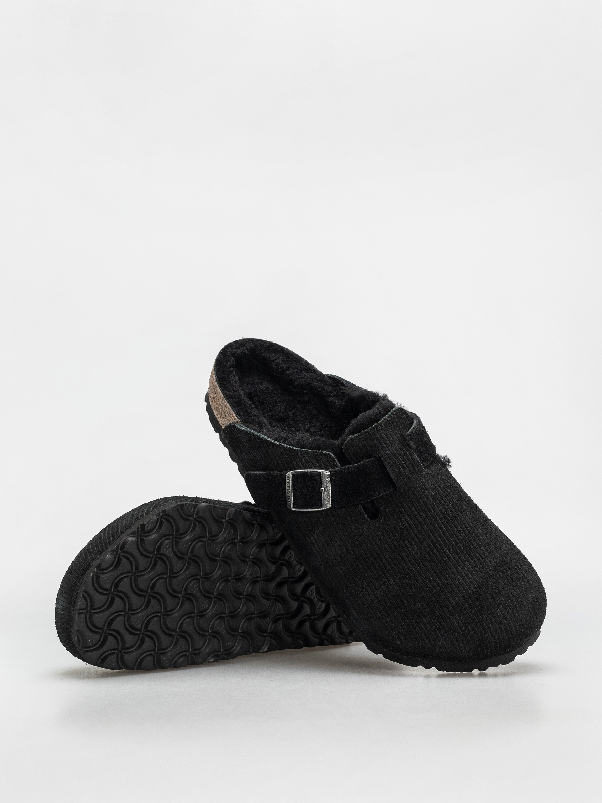 Plážovky Birkenstock Boston VL Fell Suede Leather Fur Regular Wmn (corduroy black)