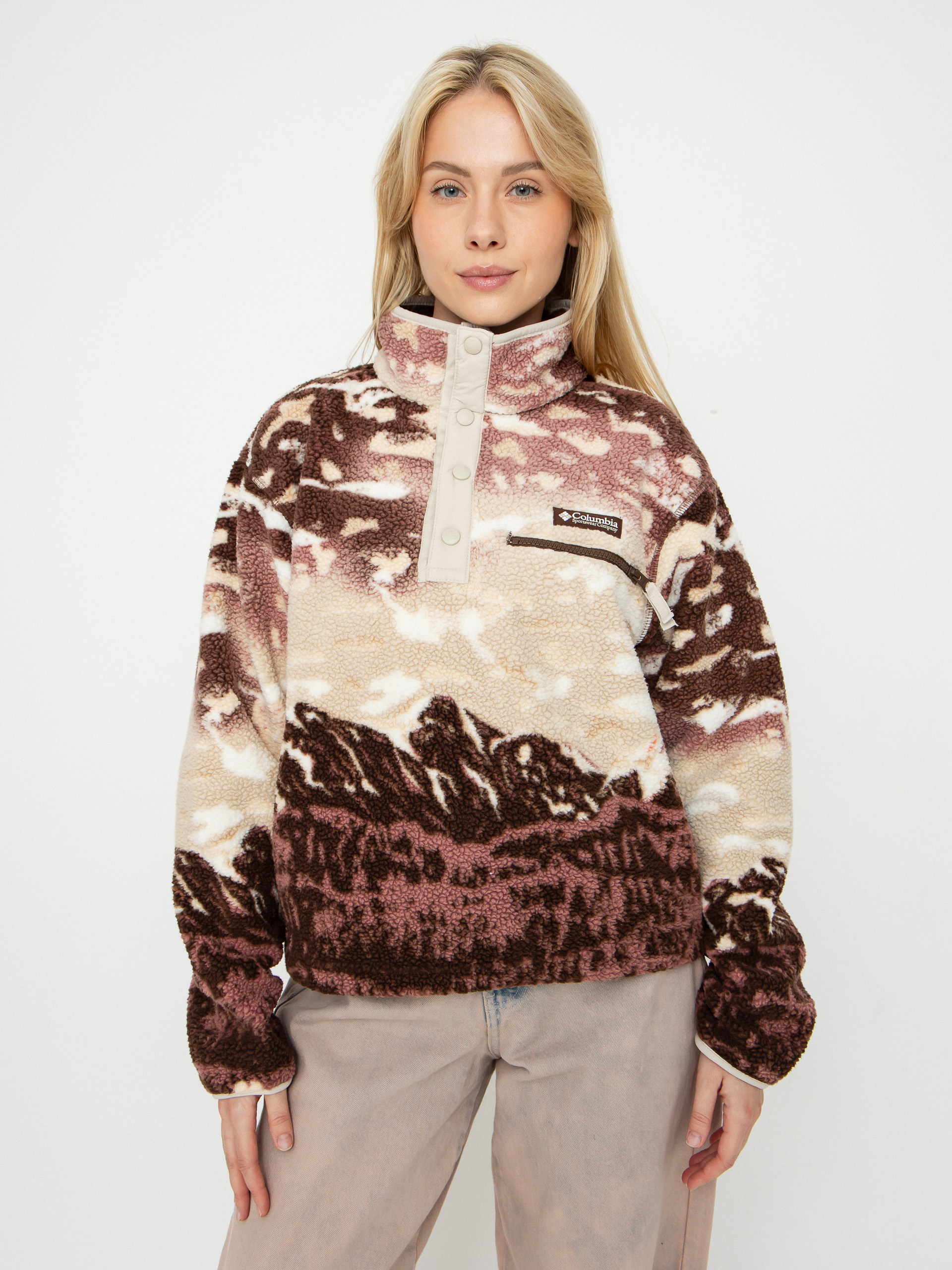 Fleecovu00e1 mikina Columbia Helvetia II Printed Cropped Half Snap Wmn (tobacco sisters/dark stone)