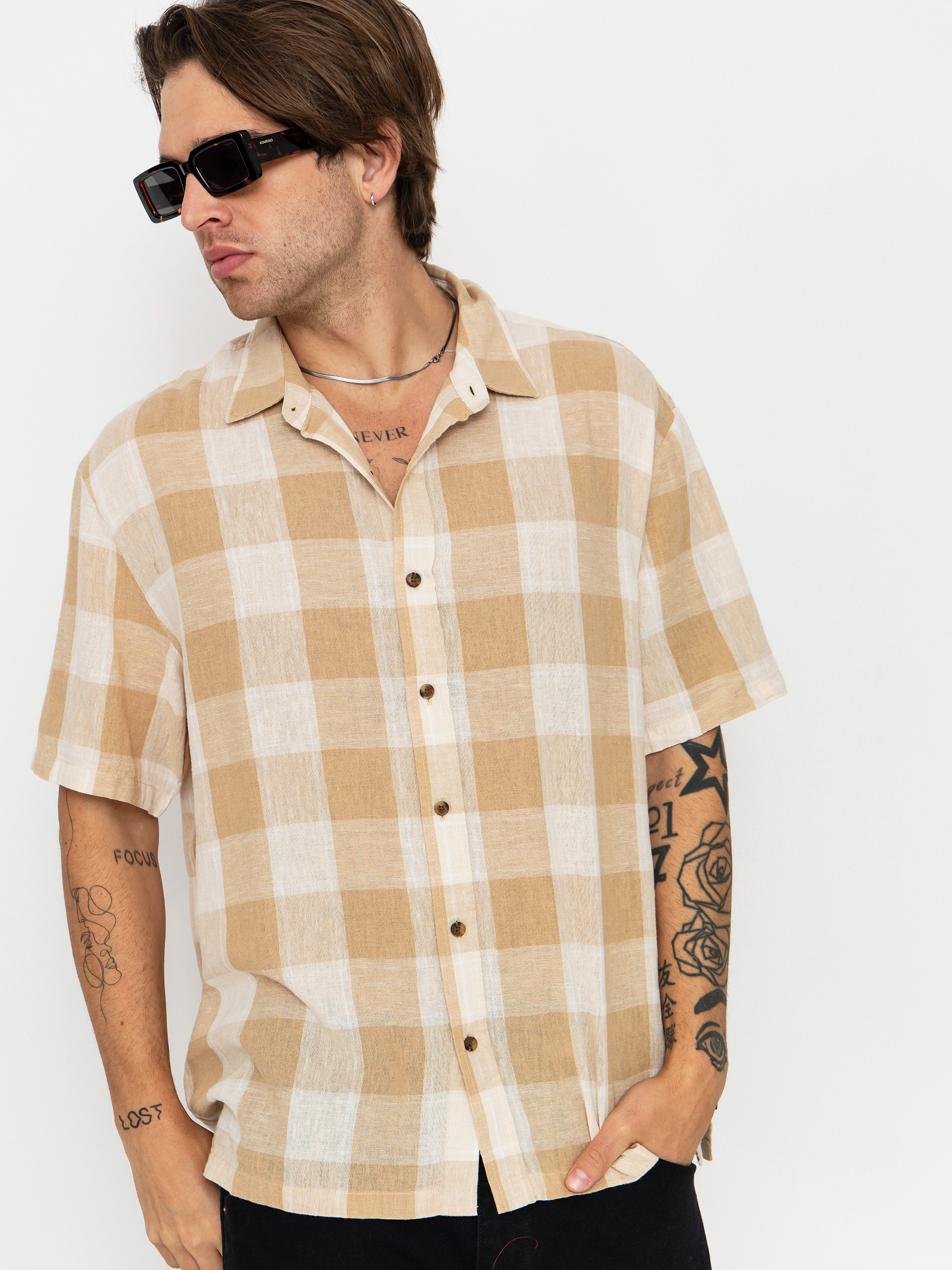 Košile Brixton Cru Linen Blend Wvn (off white/sand)
