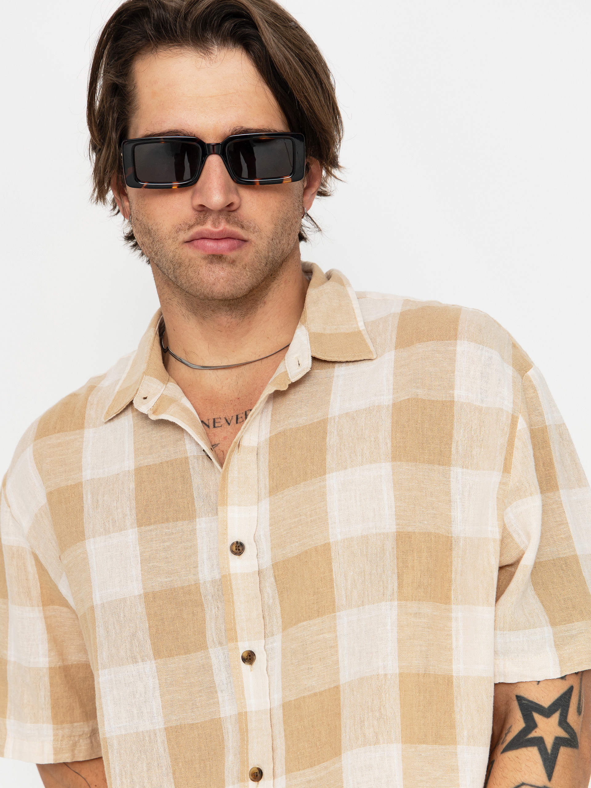 Košile Brixton Cru Linen Blend Wvn (off white/sand)