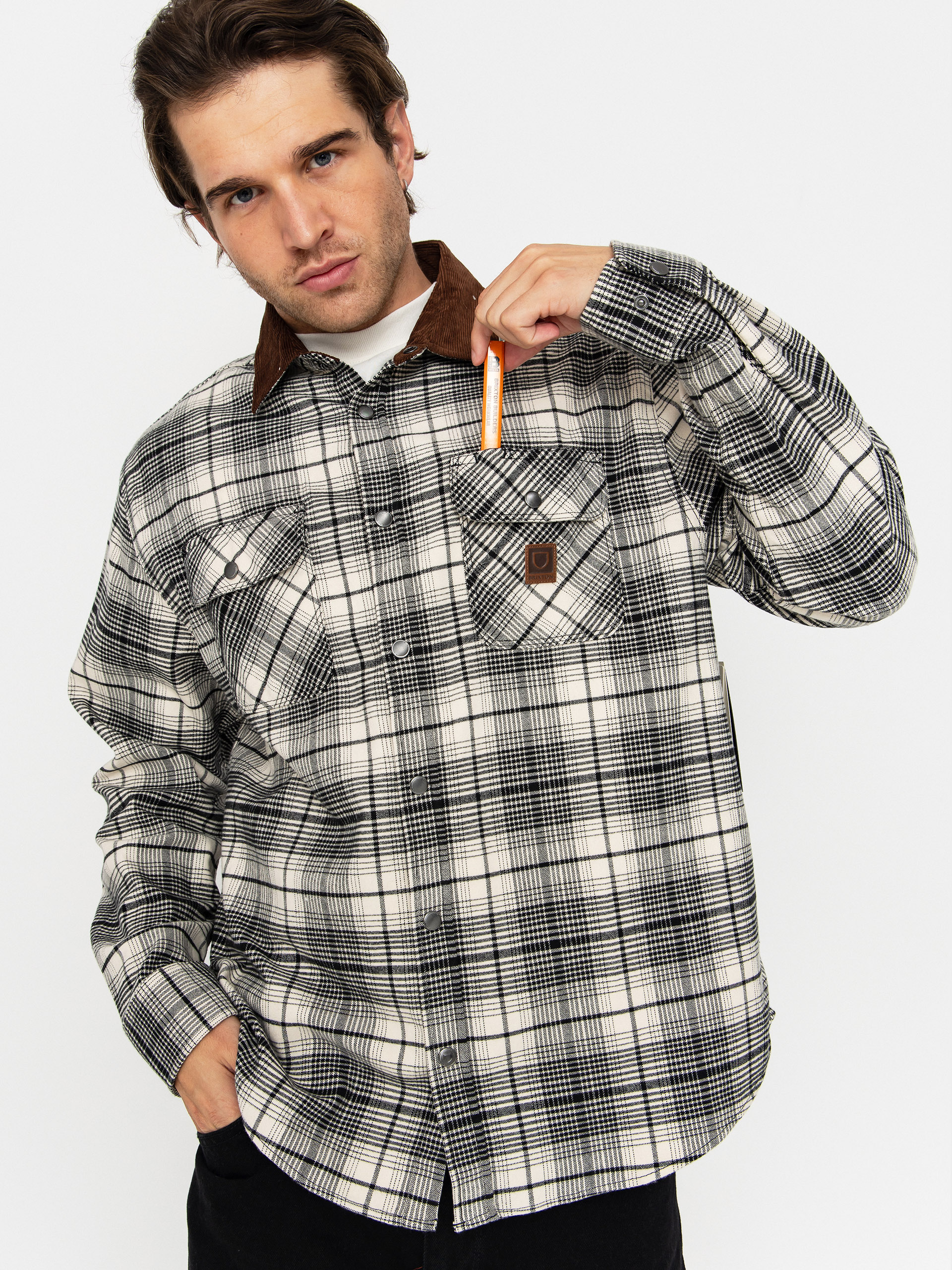 Košile Brixton Builders Bowery Perf Flannel (off white/black)