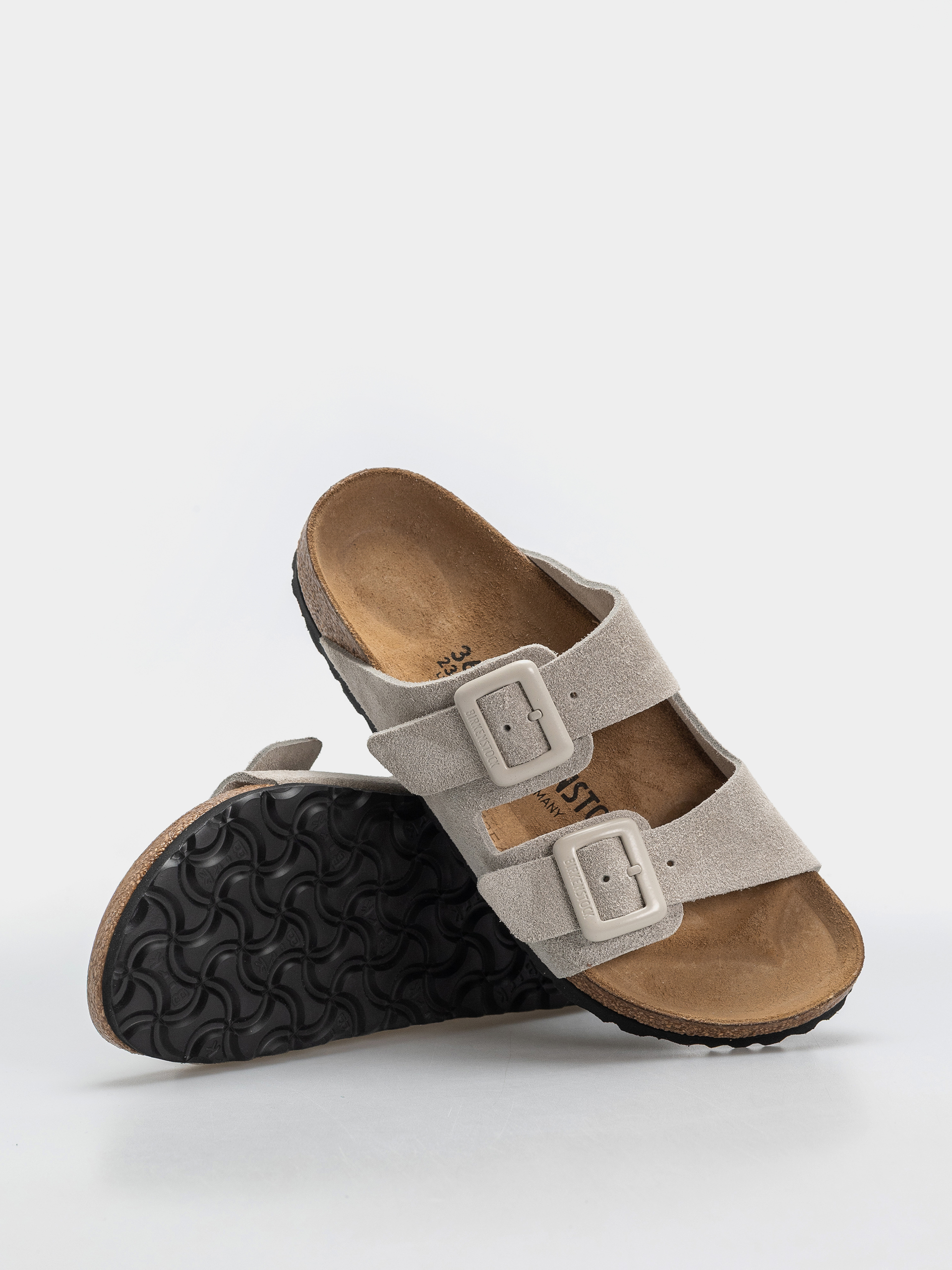 Plážovky Birkenstock Arizona Suede Leather Cushion Buckle Narrow Wmn (oyster)