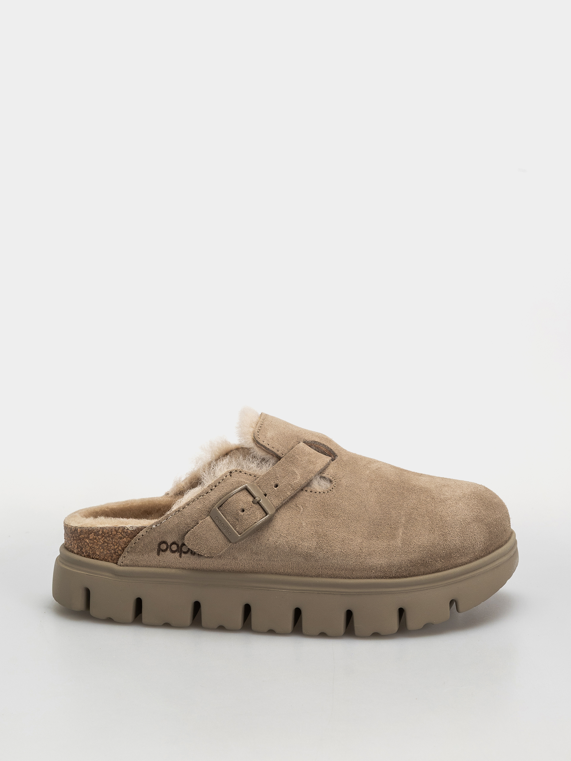 Plážovky Birkenstock Boston Chunky Shearling Suede Leather Narrow Wmn (taupe)
