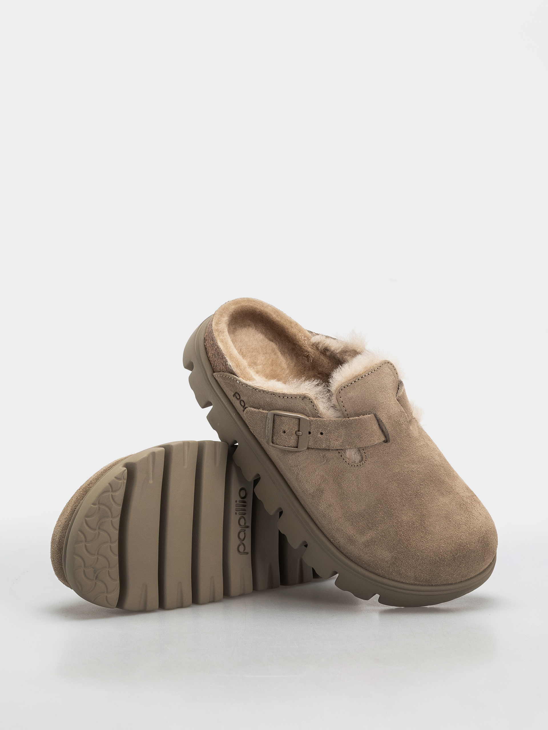 Plážovky Birkenstock Boston Chunky Shearling Suede Leather Narrow Wmn (taupe)