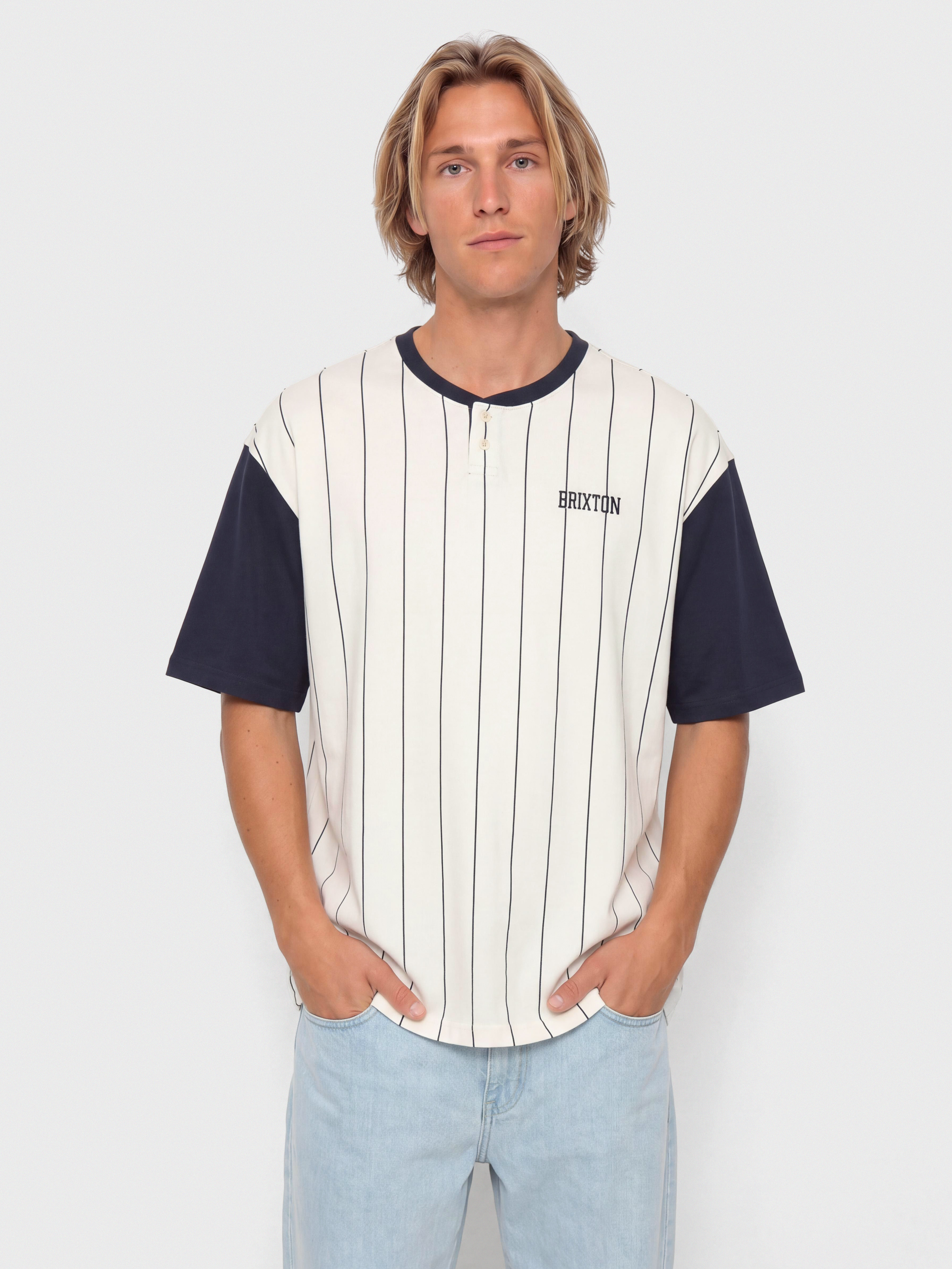 Tričko Brixton T-Shirt Boxy Baseball (off white stripe/washed navy)
